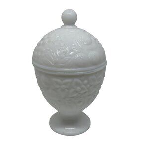 VTG Avon 1960 Milk Glass Lidded Candy Dish‎ Compote Embossed Floral Fruit White
